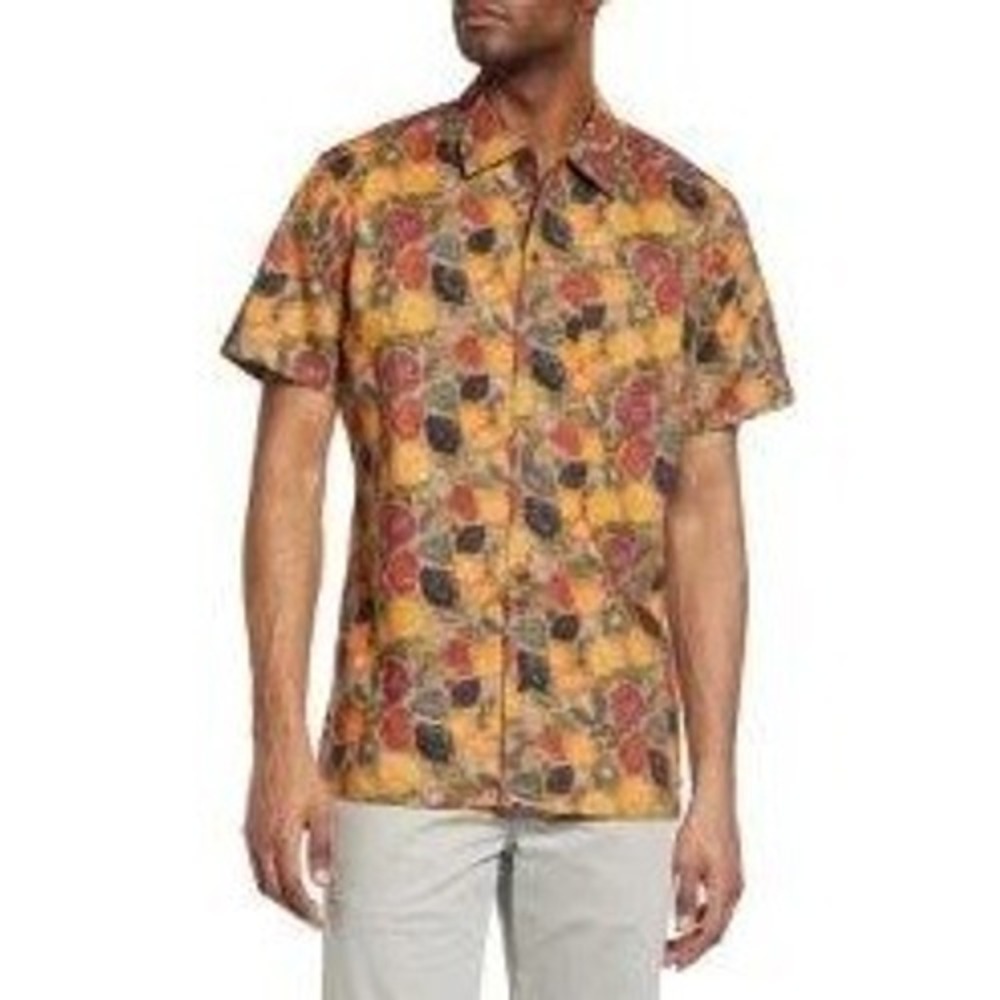 Treasure & Bond‎ Mens Large Linen Cotton Fruit Print Short Sleeve Shirt Trim Fit